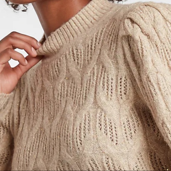 Metallic gold open stitch balloon sleeves mock neck sweater - Picture 4 of 11